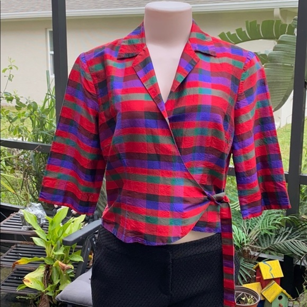 Harris Wallace New York 100% Silk Plaid Wrap Blouse Jacket Sz S